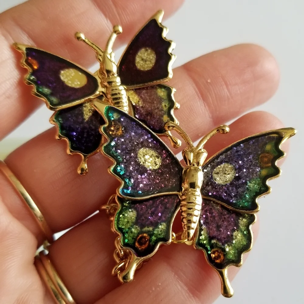 Vintage glitter butterfly brooch set New old stock Gold tone insect bug …